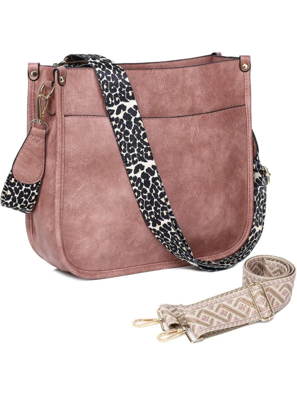 Women's Pink Vegan Leather Purse Bag Crossbody Bags With 2 Adjustable Straps